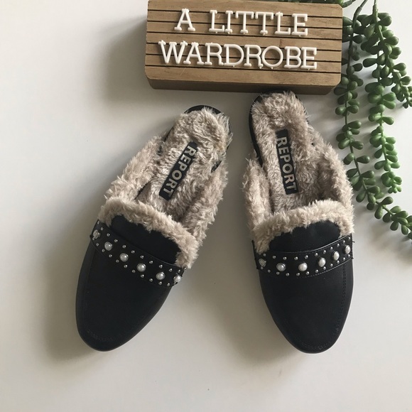 Report Shoes - Report Zilla Black Faux Fur Mules Slip On Shoe
